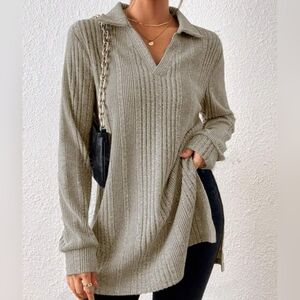 SHEIN Emery Rose Solid Ribbed Knit Split Hem Tee with collar